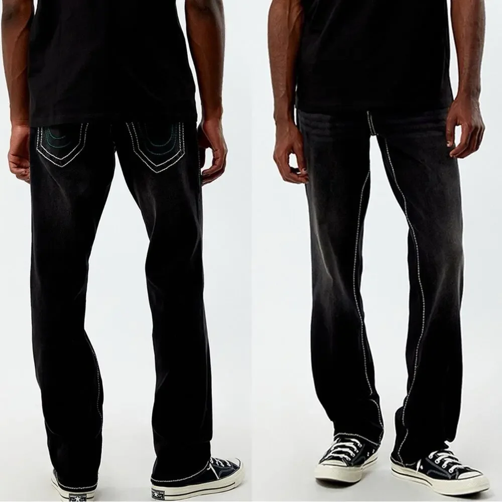 NEW TRUE RELIGION MENS Black White Ricky Relaxed Straight Leg Denim Jeans 30